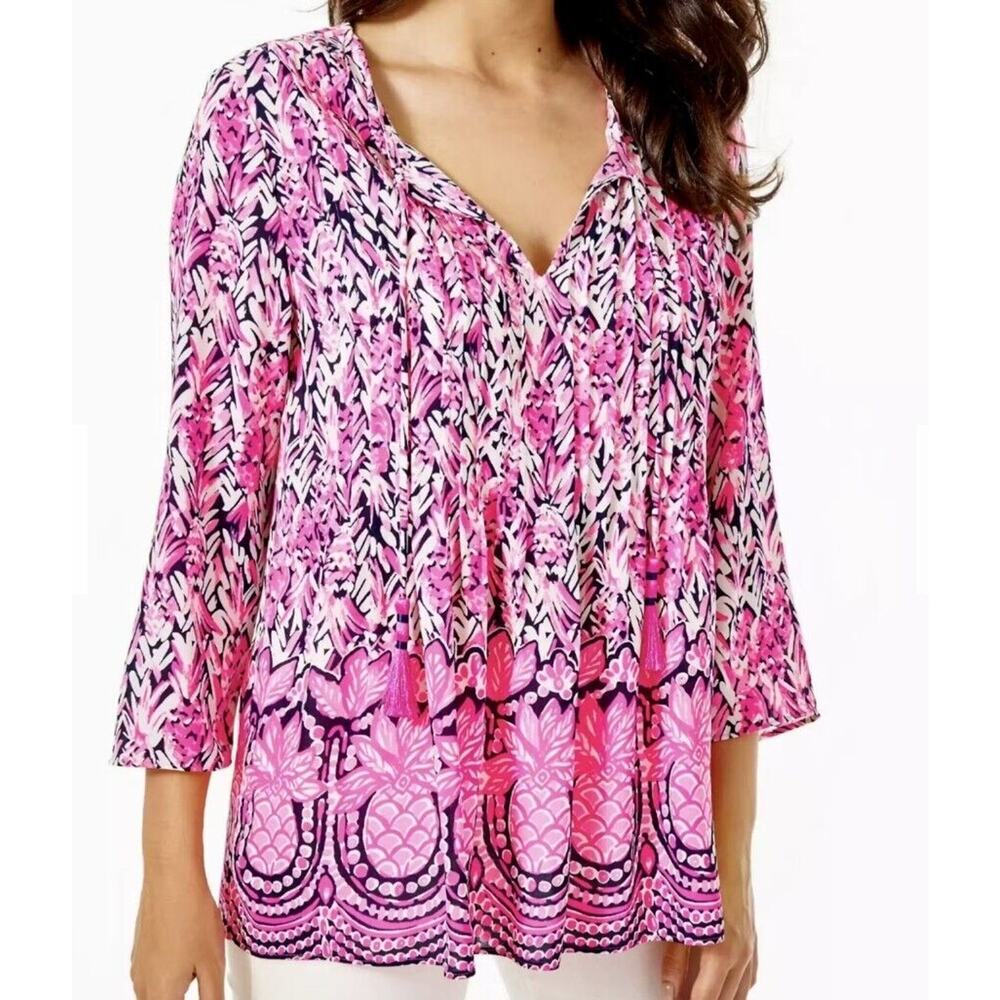 Lilly Pulitzer Marilina Tunic Blouse High Tide Navy Citrus Kiss Size XXS - $158